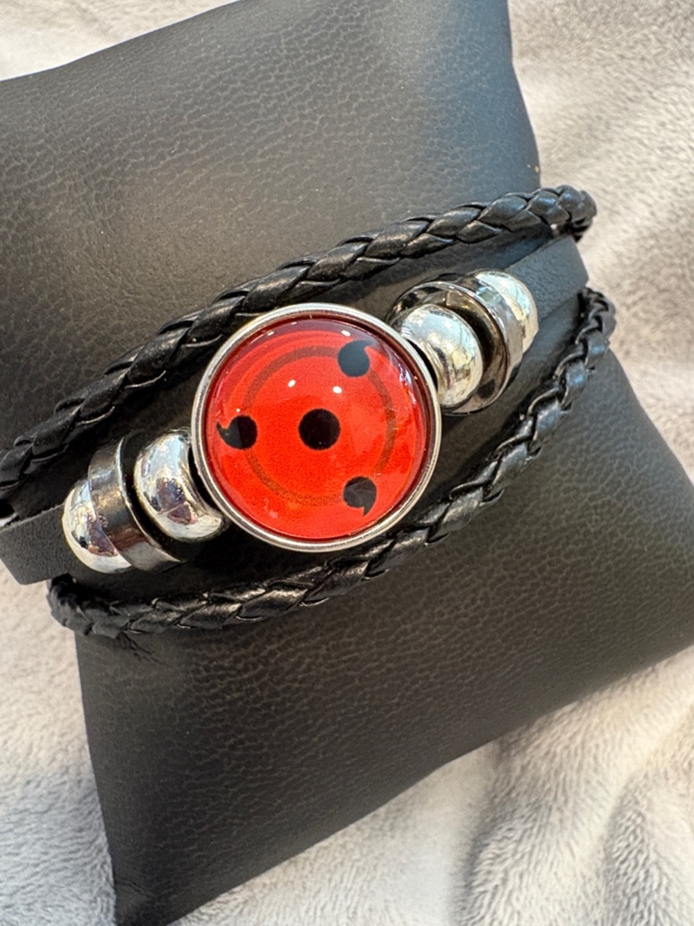 Red and Black Leather Wrap Bracelet with Decorative Bead
